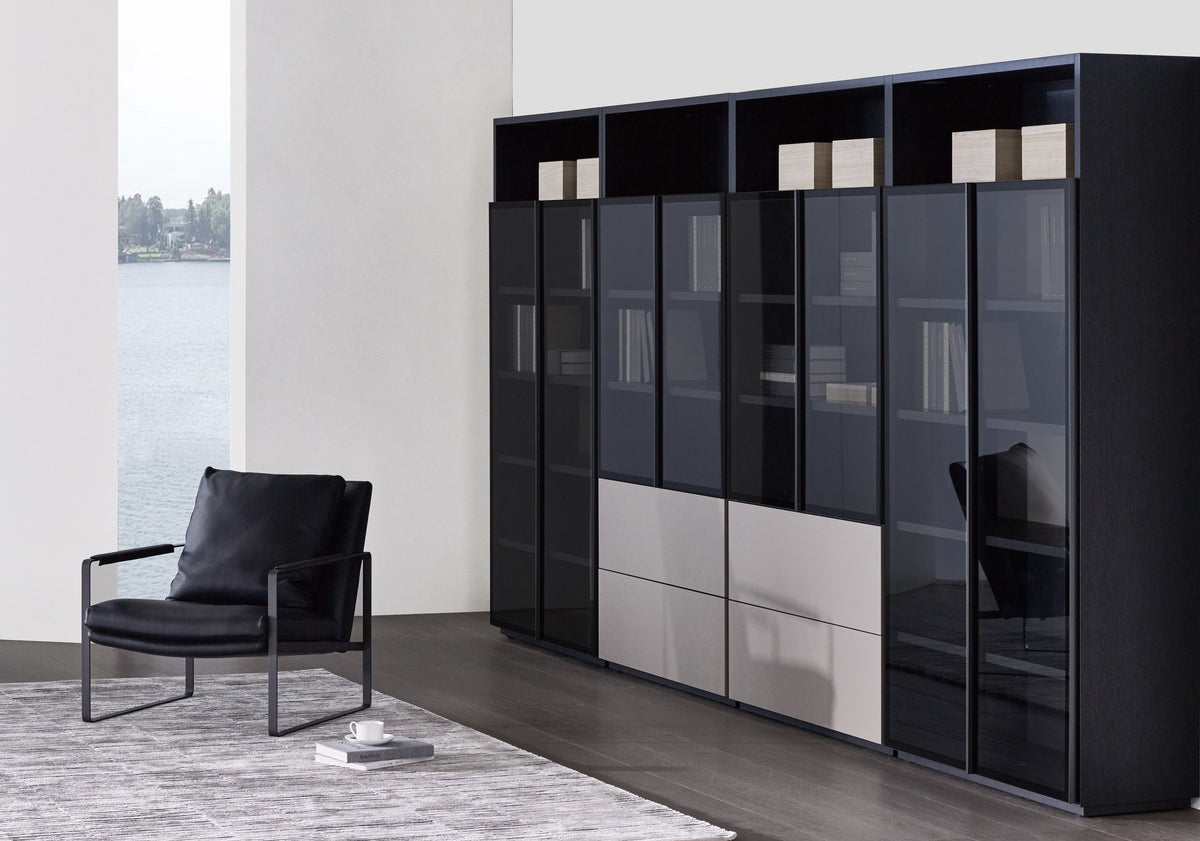 Content Cabinet - Charcoal + Black Aluminium Framed Glass Door